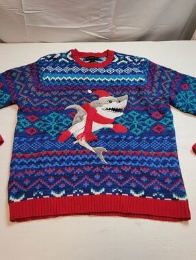 Blizzard Bay Men's Large Shark Ugly Christmas Sweater featuring a festive shark
